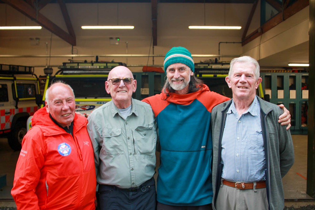 Simon Ellis, second from right, with rescuers, from left, Dave Freeborn, Syd Burns and John Williams. Photo: Patterdale MRT