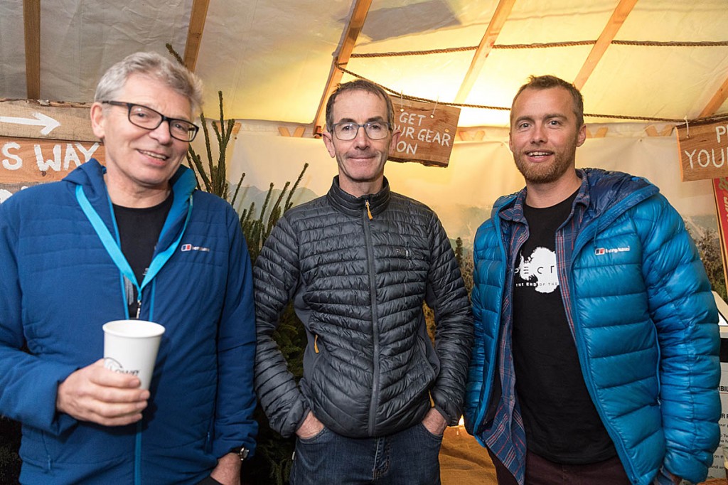 Mick Fowler enjoys a festival beer with Leo Houlding, right, and Andy Cave. Photo: Bob Smith/grough